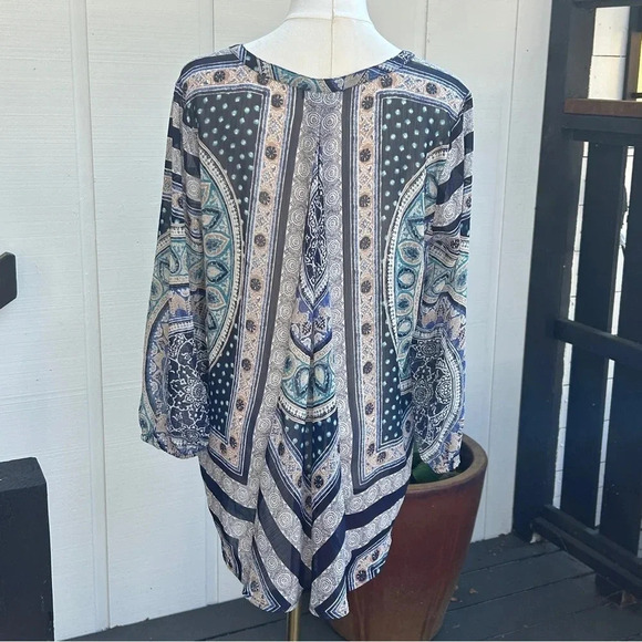 Lucky Brand Boho Chic Mixed Print Blue Paisley Button Flowy Chiffon Blouse / S - Picture 4 of 9